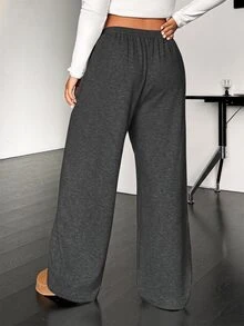 SHEIN EZwear 大尺碼休閒柔軟抽繩腰鬆直筒針織長褲 秋季健身正式灰色 - 深灰色 - 查看 2