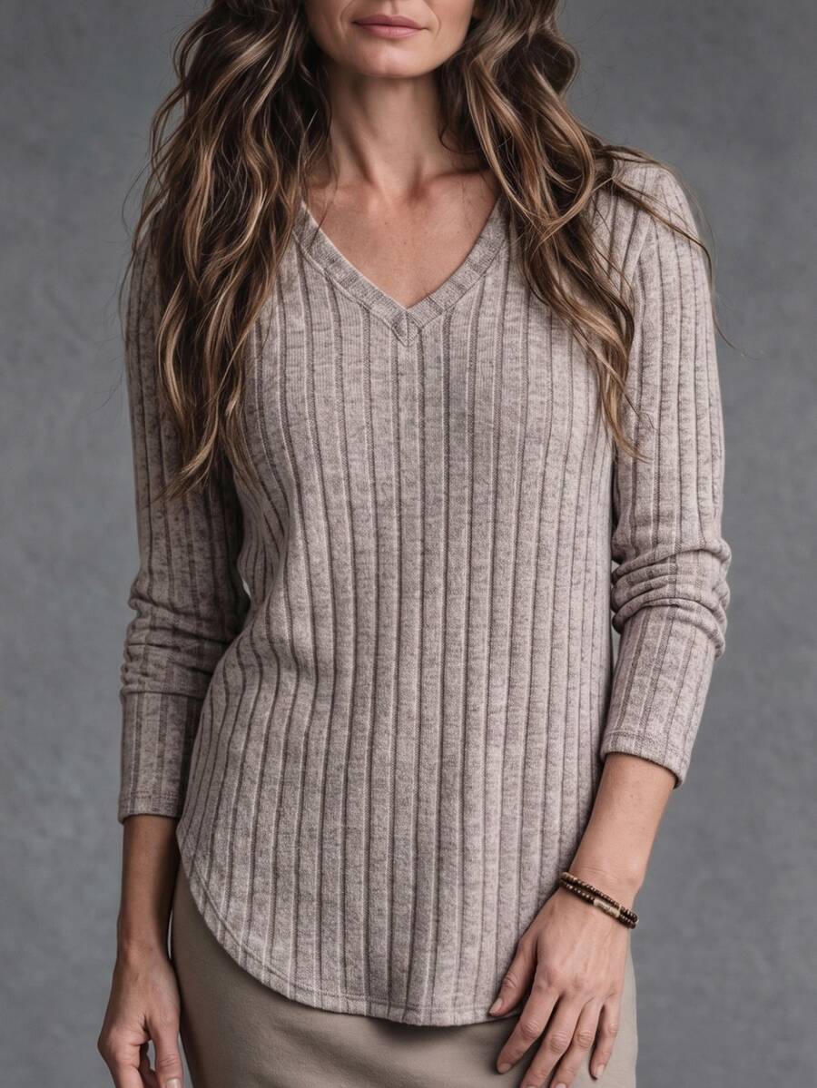 SHEIN ملابس علوية نسائية متوسطة العمر بتصميم بسيط بلون وردي موحد مضلع بياقة على شكل حرف V وأكمام طويلة - وردي فاتح - مشاهدة 1