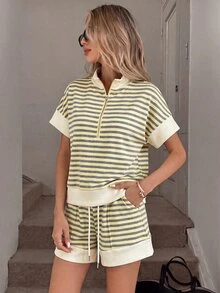 SHEIN LUNE 女款休閒夏季度假通勤日常基礎時尚套裝 條紋短袖上衣與短褲 2件組 - 灰色 - 查看 4