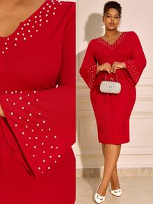 BrightlyHer Plus Size Elegant Beaded Decor Evening Dress - Red - View 9