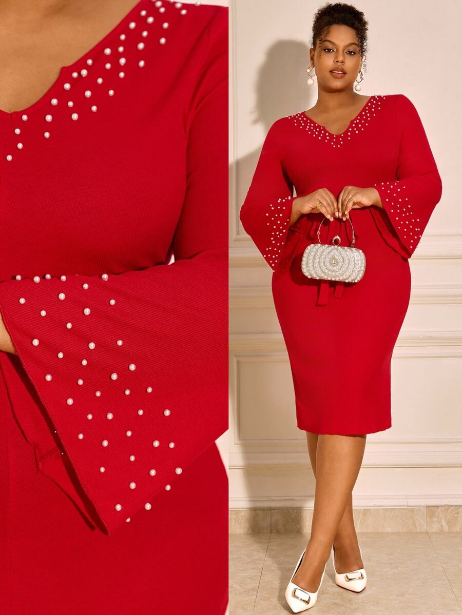 BrightlyHer Plus Size Elegant Beaded Decor Evening Dress - Red - View 1