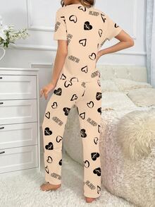 SHEIN Casual Underwear&Sleepwear 女款愛心印花圓領短袖上衣與長褲睡衣套裝 2件組 舒適可愛女款睡衣 - 彩色 - 查看 2