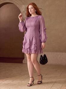 MOTF PREMIUM WOMEN'S PURPLE SHINY RUFFLE TRIM ELEGANT SHORT DRESS - Purple - View 7