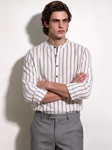 Manfinity Dauomo Men's Striped Long Sleeve Button Half Placket Casual Shirt - Beige - View 4