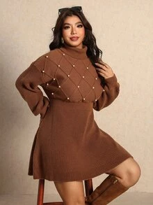 Elaquor Plus Size Women's Solid Color Faux Pearl Decor High Neck Long Sleeve Elegant Knit Dress - Multicolor - View 6