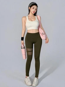 DAZY Women's Mesh Patchwork Casual Daily Wear Sports Leggings - Olive Green - View 9