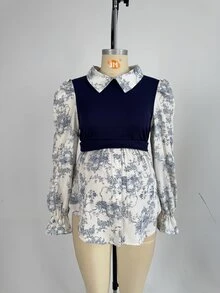 SHEIN 孕婦哺乳上衣 配色設計 休閒日常長袖 - 藍白色 - 查看 5