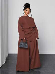 Maweii Plus Size Women's Solid Color One-Shoulder Long Sleeve Top And Wide Leg Pants 2 Pieces Set - Brown - View 5