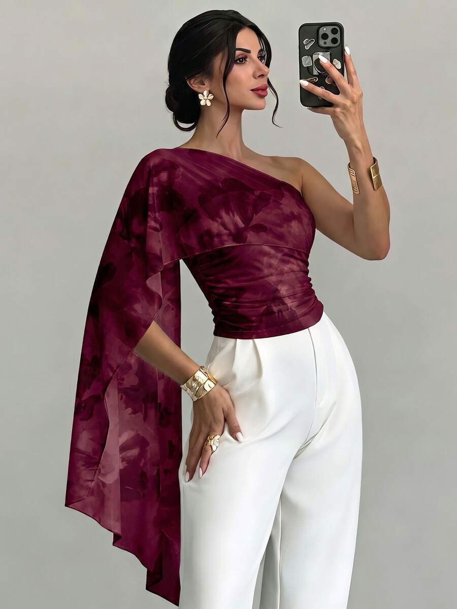 Firerie Women's One Shoulder Floral Print Ribbon Top - Burgundy - View 1