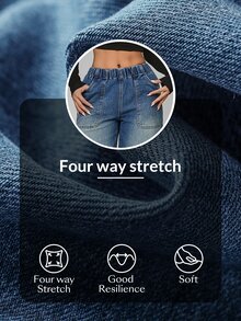 SHEIN Tall CURVE Plus Size Women's Elastic Waist Pocket Wide Leg Loose Casual Denim Jeans - Blue - View 8