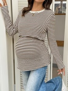 SHEIN Maternity Striped Round Neck Long Sleeve Casual Nursing Top - Coffee Brown - View 6
