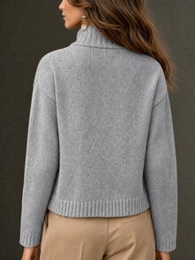 LUMIGAL 春秋冬季新款女式針織上衣，半高立領，金屬鈕扣，落肩，長袖，羅紋，短版寬鬆，單排鈕扣開襟衫 - 淺藍色 - 查看 2