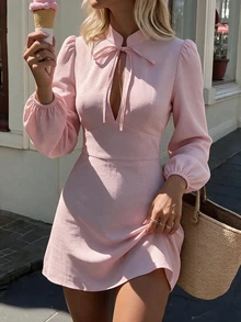 Cévolie Plus Size Women's Fashionable Personalized Casual Vacation Style Solid Color Collar Dress - Pink - View 3