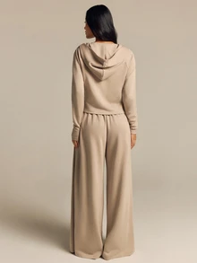 COSMINA Hooded Zip-Up Long Sleeve Sweatshirt And Wide Leg Pants Set, Casual Autumn/Winter - Khaki - View 2