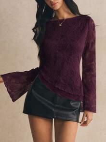 Poéselle Women's Floral Print Slim Fit Versatile Daily Wear Bell Sleeve T-Shirt - Red Violet - View 5