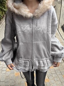 FRIFUL 女款毛絨拼接字母圖案休閒Y2K日常運動衫校園灰色秋季連帽衫 - 灰色 - 查看 1