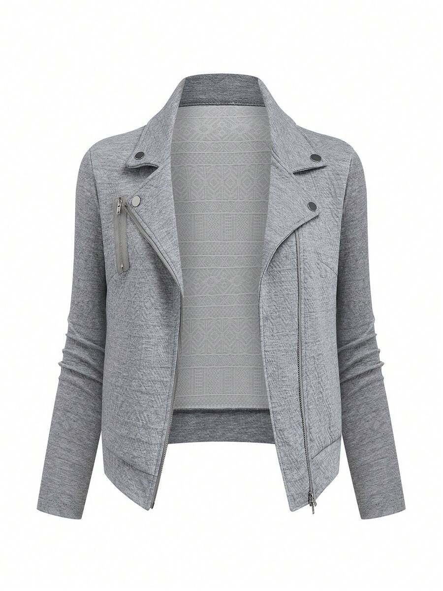 SHEIN EZwear 女款大尺碼紋理布料翻領拉鍊休閒機車夾克 - 灰色 - 查看 1