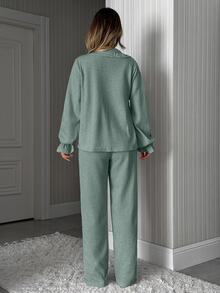 SHEIN Long Sleeve Embroidery On The Collar And Front Tie Detailed Casual Dusty Pink Lounge Set - Mint Green - View 2