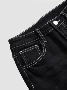SHEIN Girlism 青少年女孩 Y2K 龐克復古刺繡翅膀與水鑽裝飾彈性喇叭牛仔褲 - 黑色 - 查看 4