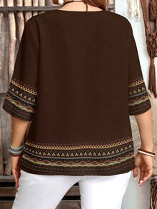 EMERY ROSE Women's Striped Geometric Pattern Notched V-Neck Short Sleeve Casual Shirt - Brown - View 2