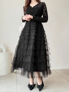FRIFUL Women's Lace Mesh Patchwork Casual Party Midi Dress - Black - View 7