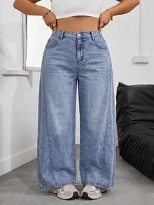 SHEIN EZwear 大尺碼女款高腰口袋寬腿鬆垮休閒百搭牛仔褲 - 藍色 - 查看 5