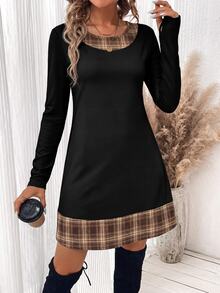 SHEIN LUNE Women's Korean Style Plaid Patchwork 2 In 1 Dress - Multicolor - View 3