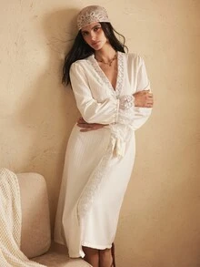 Lullawish Women's Elegant Lazy Casual Premium Wave-Textured Fabric Patchwork Lace Trim Long Sleeve Long Robe - Multicolor - View 6