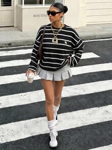 Muchica 休閒極簡運動街頭風百搭派對聚會機場穿搭，粉棕色胸前小馬標誌學院風印花圖案，音樂節穿搭，女款夏季圓領長袖寬鬆上衣 - 彩色 - 查看 6