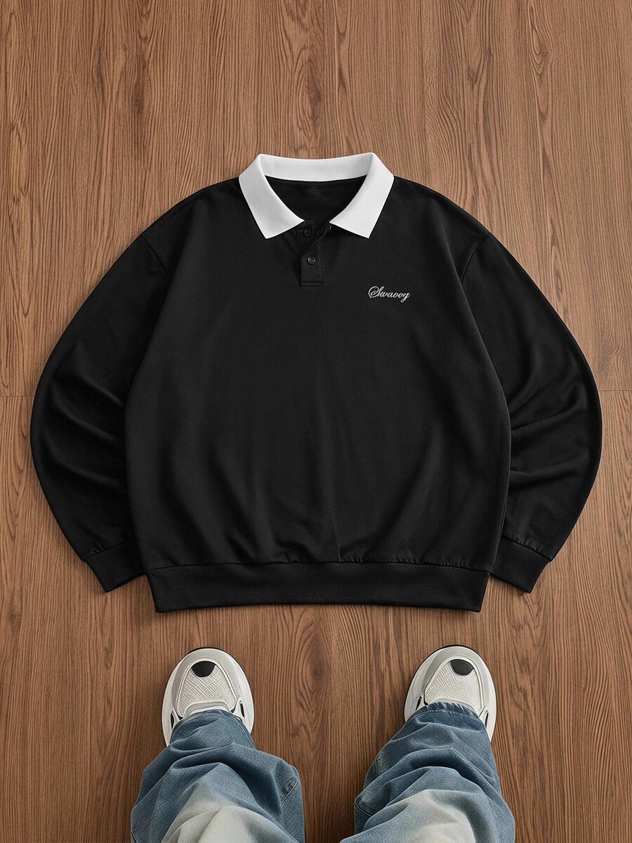 SWAVVY Sweatshirt Rajut Pria Fashion Sehari-hari Gaya Anak Muda Kasual Longgar Lengan Panjang dengan Resleting Setengah - Hitam - View 1