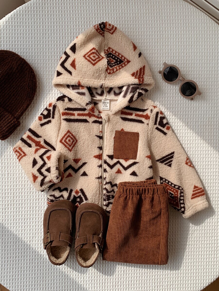 Baby Boy Pattern Fleece Lined Thick Crew Neck Long Sleeve Button-Up Jacket And Elastic Waist Long Pants 2 Pieces Set - Brown - View 1