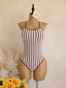 SHEIN SunnyBelle بدلة سباحة قطعة واحدة صفراء لطيفة لعطلة الصيف على الشاطئ، بطبعة حياة المحيط وألوان متباينة، بحمالات رفيعة وظهر مكشوف وقصة عالية ومثلثة ضيقة - بني - مشاهدة 3