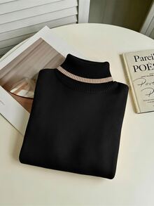 Franclia 新款女款時尚拼色抓絨內裡高領套頭毛衣，適合秋冬穿著 - 黑色 - 查看 4