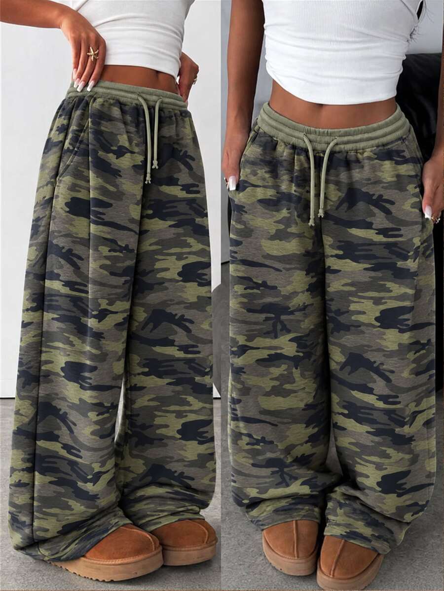 SHEIN 青少年女孩休閒日常百搭舒適迷彩中腰直筒運動長褲四季款 - 軍綠色 - 查看 1