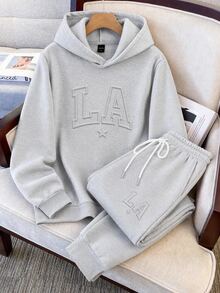 Daypath Standard Size Men's Light Grey Floral Knit Hoodie & Sweatpants Set, 3DLA Letter Pattern Design, Men's Sports Outfit - Grey - View 1