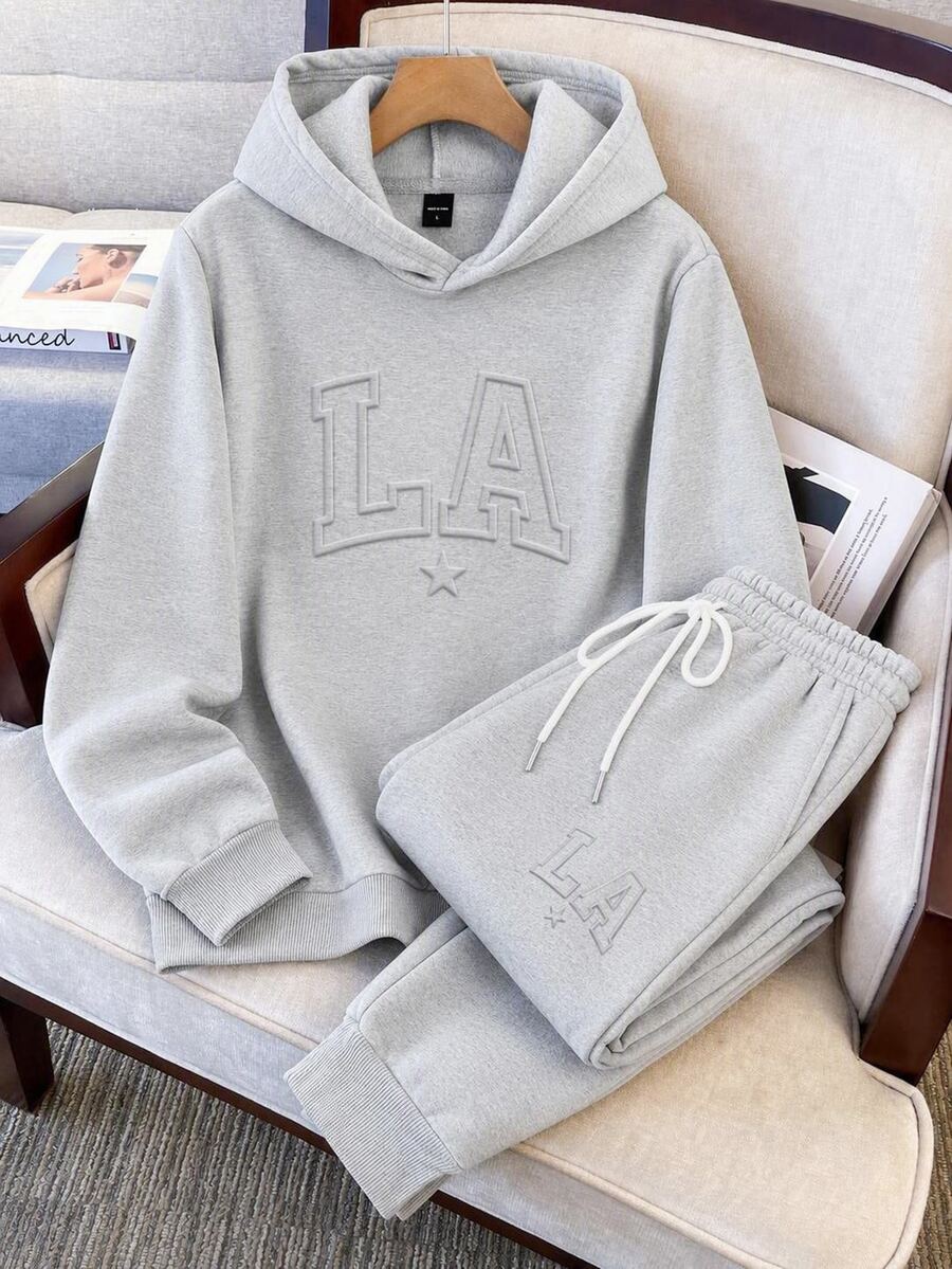 Daypath Standard Size Men's Light Grey Floral Knit Hoodie & Sweatpants Set, 3DLA Letter Pattern Design, Men's Sports Outfit - Grey - View 1