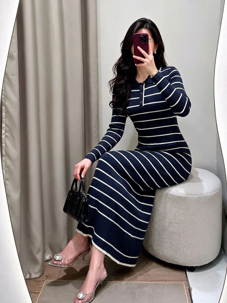 Modelyn Women's Polo Collar Striped Contrast Color Autumn/Winter Long Sleeve Sweater Dress - Royal Blue - View 1