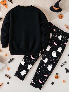 1 Set Random Young Girl Outfit Set,Animal Element Pattern Print Crew Neck Long Sleeve Ribbed Sweatshirt Paired Matching Pattern Print Long Leggings - Multicolor - View 3