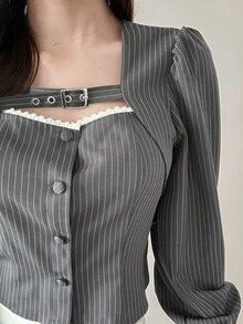 FRIFUL Blus Elegan Wanita Bergaris dengan Desain Gesper dan Renda Kontras, Kancing Tunggal - Grey - View 4