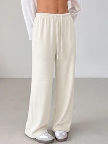 SHEIN PETITE 女款純色抽繩腰鬆軟針織寬鬆休閒長褲，秋冬款，寬腿褲 - 杏色 - 查看 8