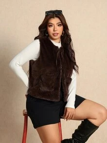 Elaquor Plus Size Women's Solid Color Front Tie Vest Faux Fur Jacket - Coffee Brown - View 4
