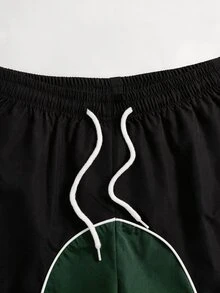 1件青少年男孩高街時尚拼色拼接白色飾邊刺繡梭織直筒長褲，對比繩飾設計，新穎時尚，舒適面料，適合多樣穿搭，夏季新品，四季皆宜 - 黑/綠 - 查看 4
