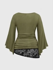 ROMWE Goth Plus Size Loose Cowl Neck Cinched Waist Batwing Sleeve Lace Women's T-Shirt - Green - View 4