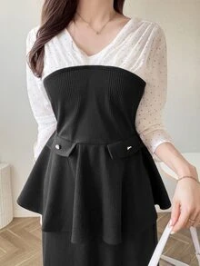 FRIFUL Setelan 2 Potong Atasan Wanita Motif Polkadot French Colorblock dan Rok Panjang Warna Polos - Hitam - View 7