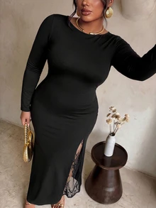 Firerie Plus Size Women's Lace Patchwork Elegant Cinched Waist Party Dress - Black - View 6