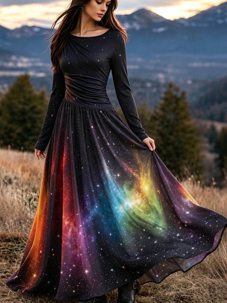 SHEIN 女款長版星空印花優雅洋裝 - 彩色 - 查看 1