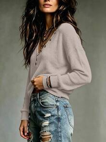 SHEIN 女款復古時尚休閒金屬鈕扣裝飾深V領長袖針織毛衣 - 駝色 - 查看 3
