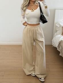 SHEIN EZwear 杏色編織女款抽繩腰口袋寬腿長褲 - 杏色 - 查看 5