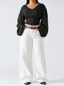 LYSMO Plus Size Women's Autumn/Winter Black & White Striped Flare Sleeve T-Shirt - Multicolor - View 6