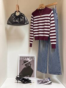 Muvela Striped Pattern Ribbed Knit Sweater,Long Sleeve Tops,Knitted Sweater In Fall/Winter Casual Burgundy/Wine - Burgundy - View 5